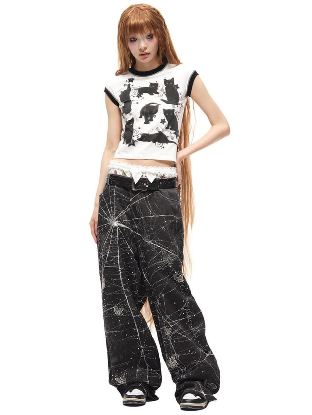 CFIERCE High Waist Cotton Zipper Wide Leg Loose Casual Womens Black White Pants