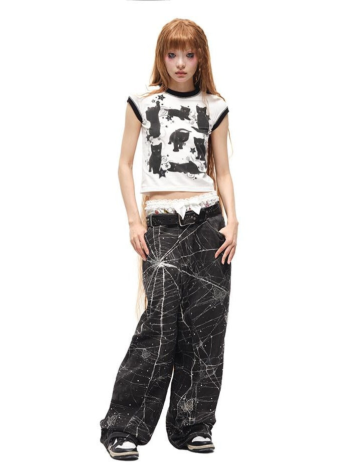 CFIERCE High Waist Elastic Pocket Pure Cotton Sweet Loose Youth Straight Pants