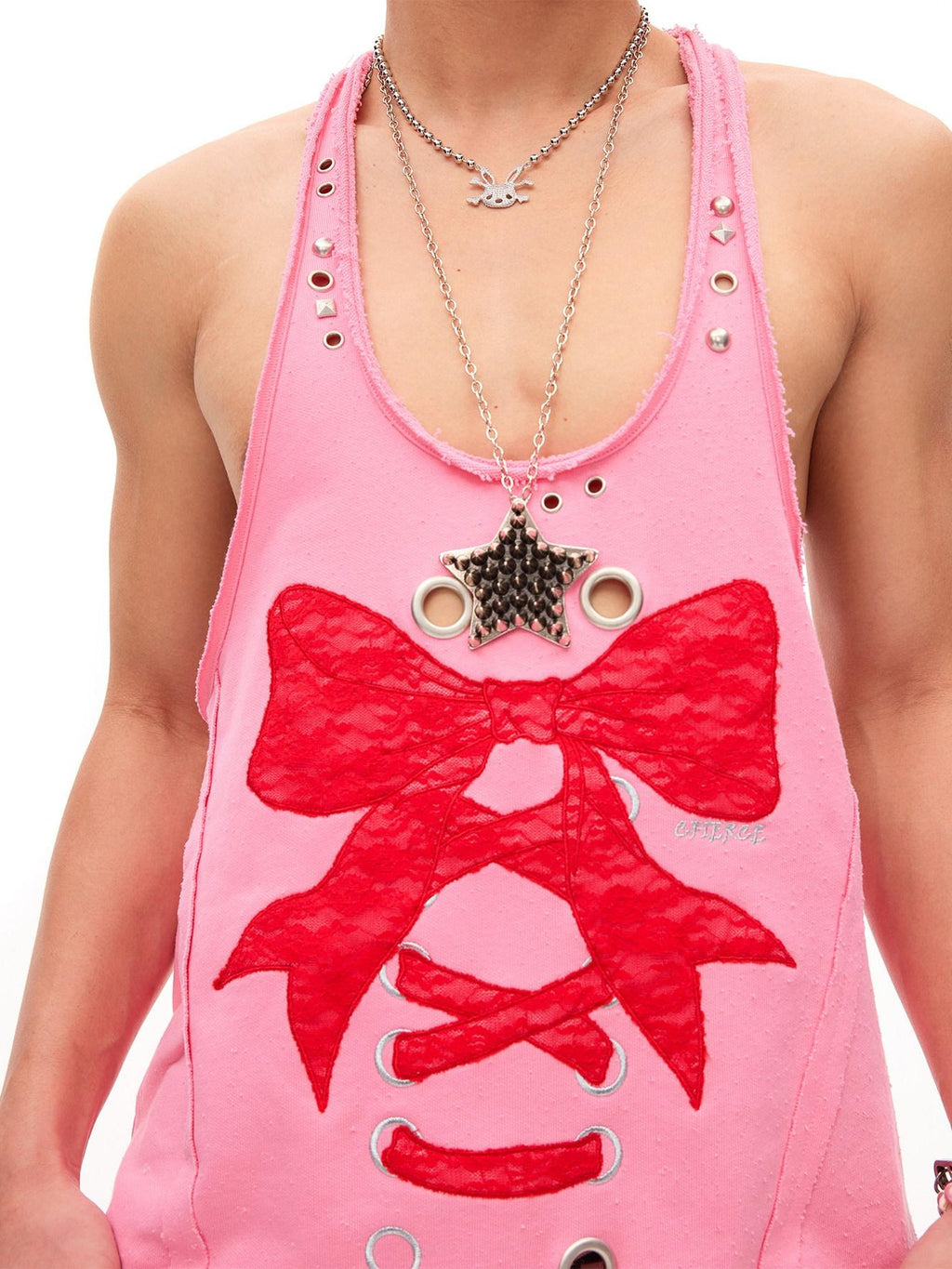 CFIERCE Lace U Neck 100 Percent Cotton Mid Length Bow Detail H Silhouette Women Vest