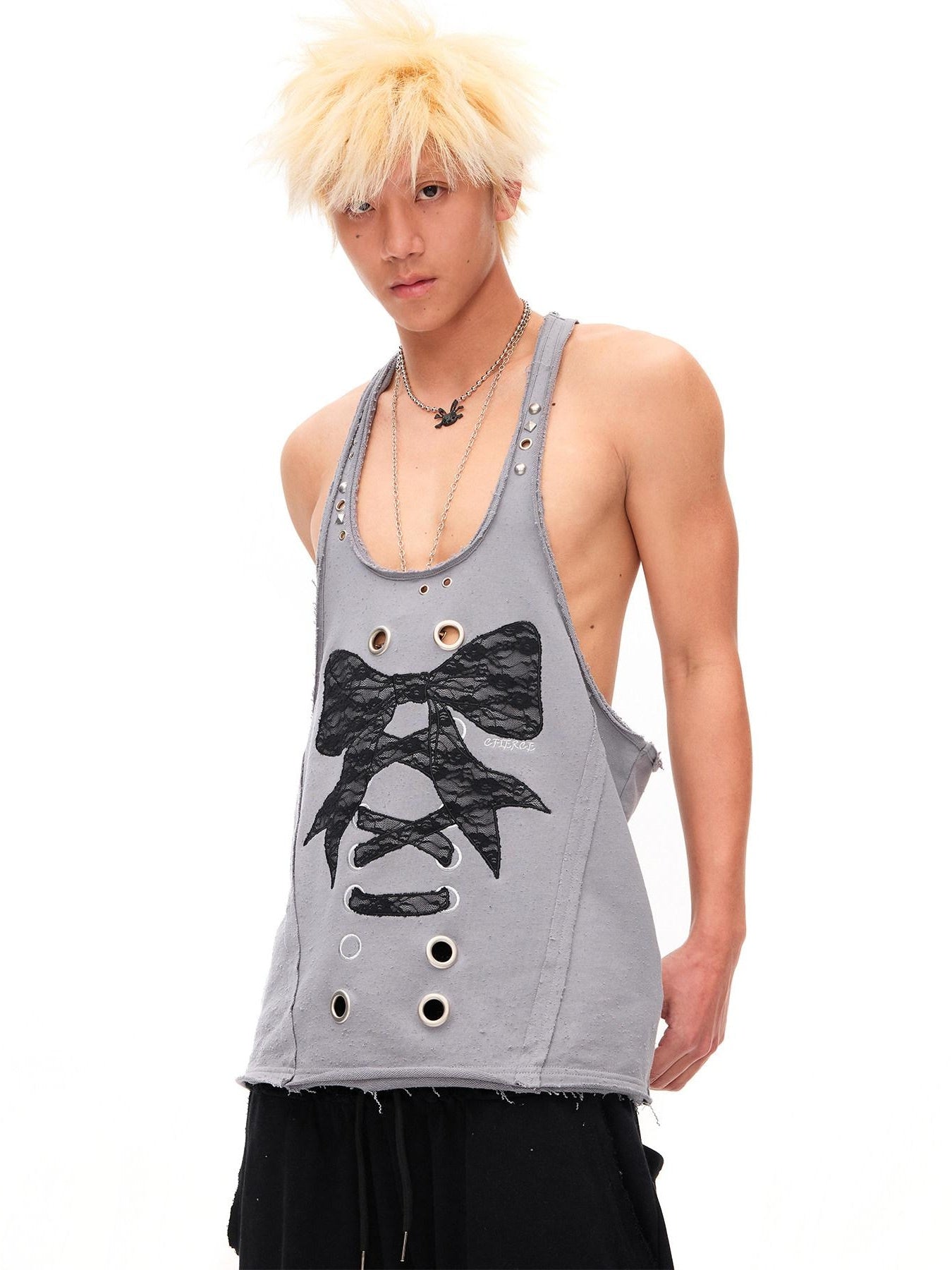 CFIERCE Lace U Neck 100 Percent Cotton Mid Length Bow Detail H Silhouette Women Vest