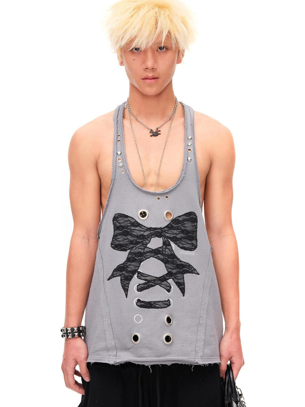 CFIERCE Lace U Neck 100 Percent Cotton Mid Length Bow Detail H Silhouette Women Vest