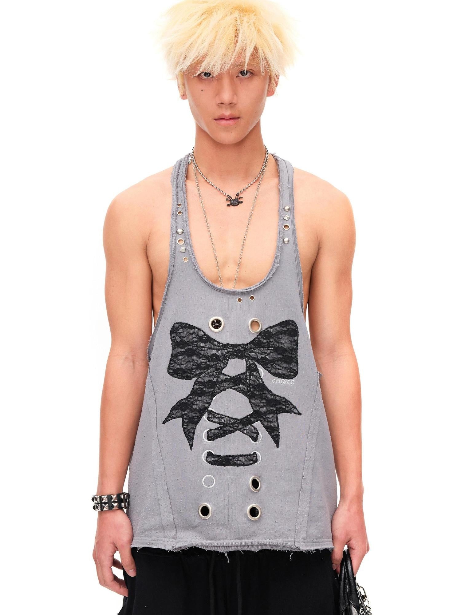 CFIERCE Lace U Neck 100 Percent Cotton Mid Length Bow Detail H Silhouette Women Vest