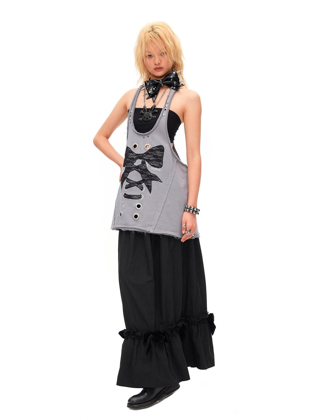 CFIERCE Lace U Neck 100 Percent Cotton Mid Length Bow Detail H Silhouette Women Vest