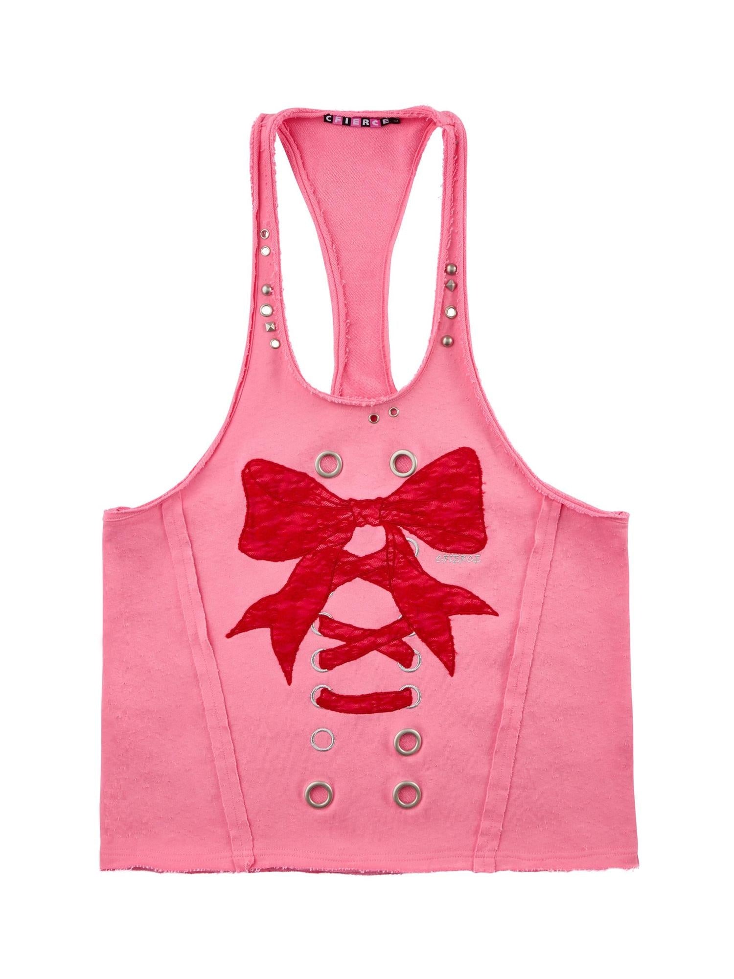 CFIERCE Lace U Neck 100 Percent Cotton Mid Length Bow Detail H Silhouette Women Vest