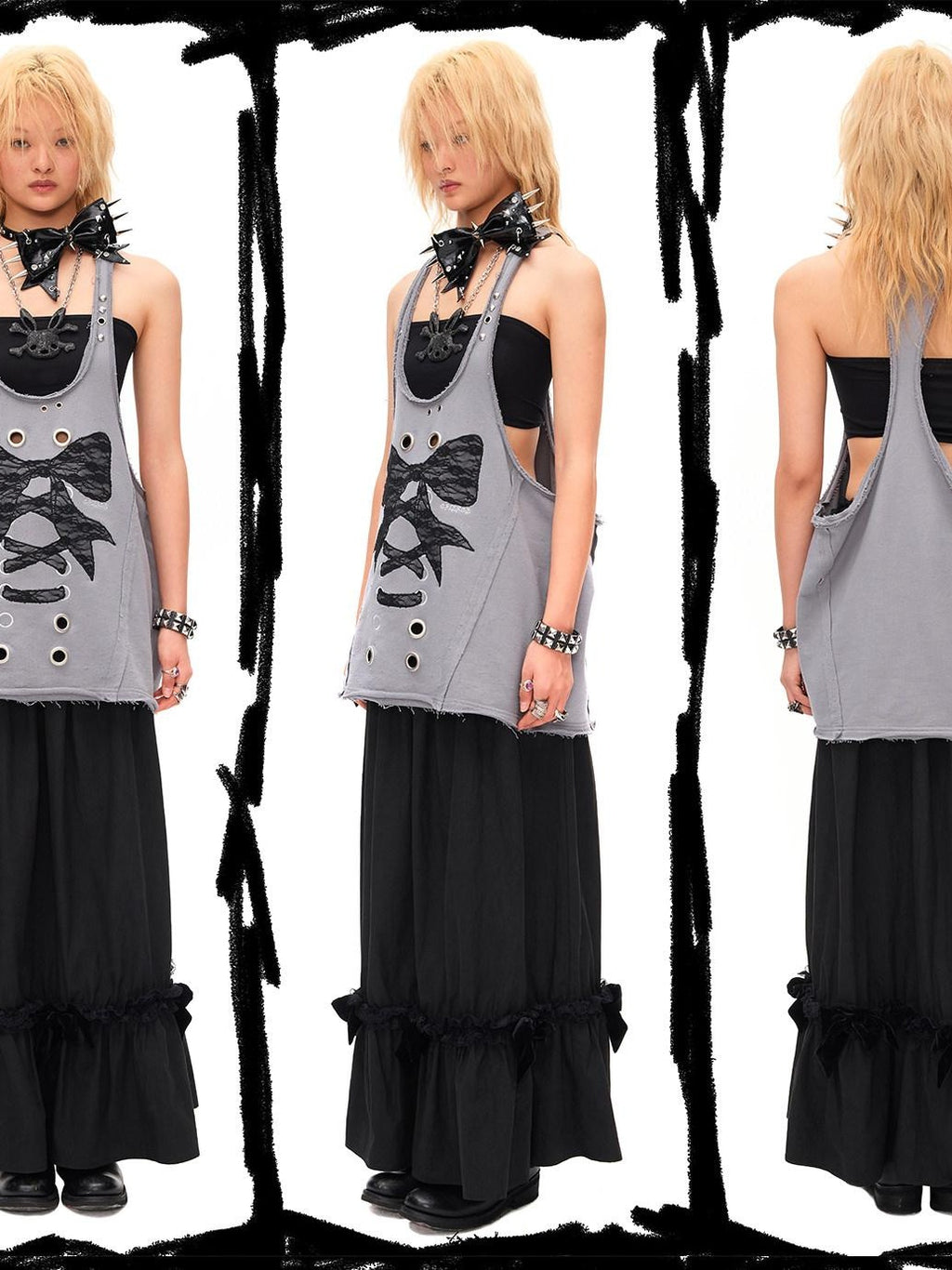 CFIERCE Lace U Neck 100 Percent Cotton Mid Length Bow Detail H Silhouette Women Vest