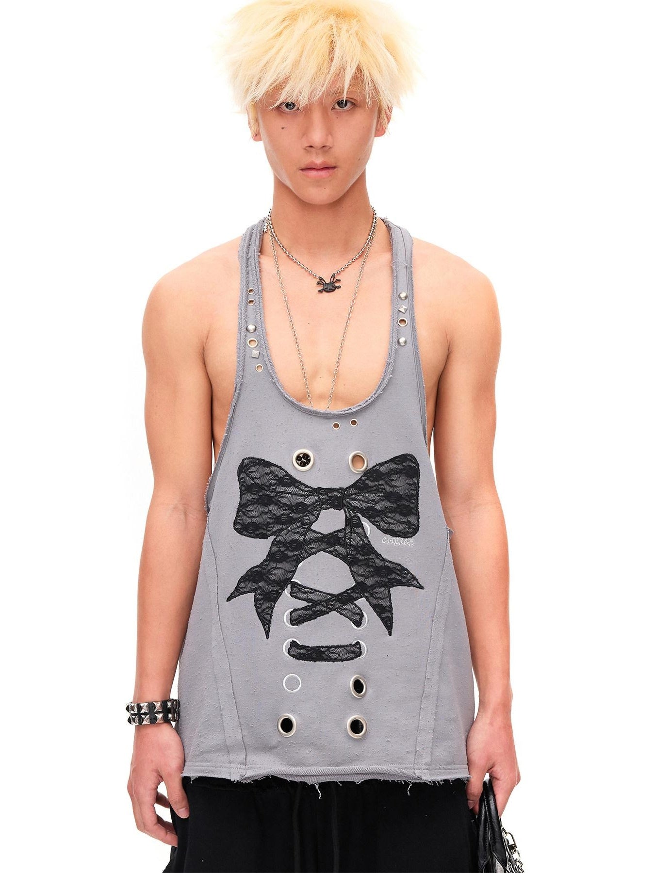 CFIERCE Lace U Neck 100 Percent Cotton Mid Length Bow Detail H Silhouette Women Vest