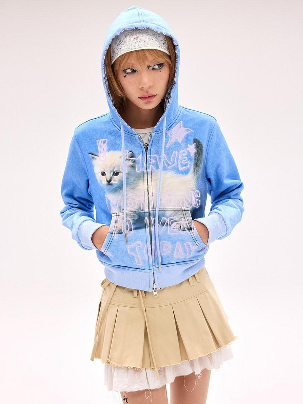 CFIERCE Loose Fit Hooded Zip Up 100 Percent Cotton Street Blue Long Sleeve Cardigan