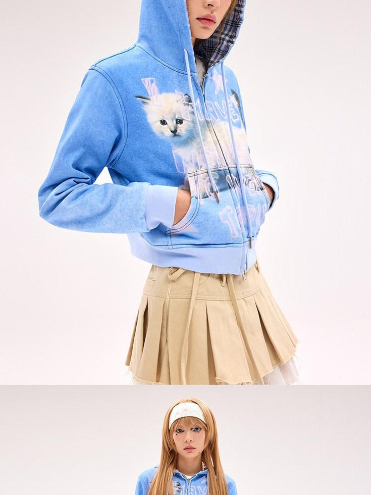 CFIERCE Loose Fit Hooded Zip Up 100 Percent Cotton Street Blue Long Sleeve Cardigan