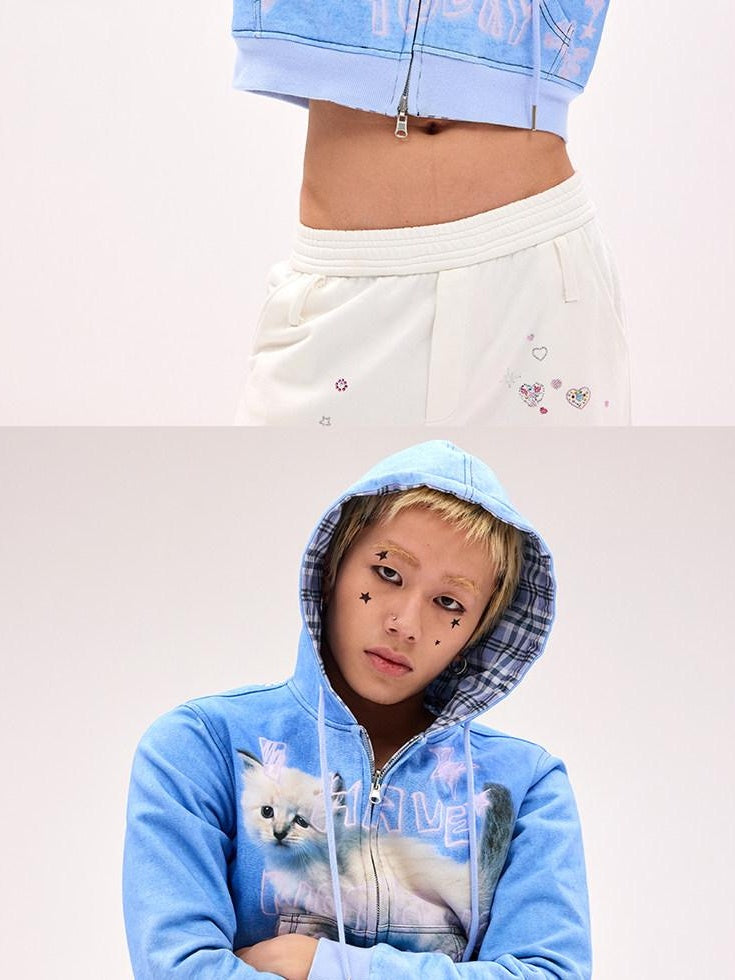 CFIERCE Loose Fit Hooded Zip Up 100 Percent Cotton Street Blue Long Sleeve Cardigan