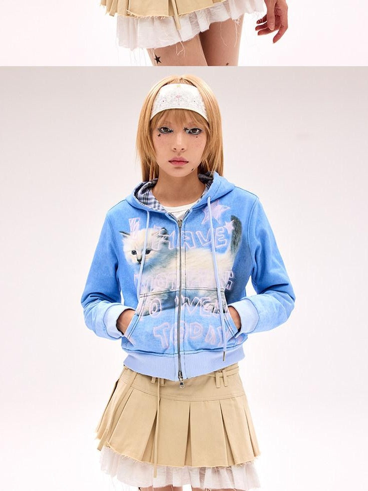 CFIERCE Loose Fit Hooded Zip Up 100 Percent Cotton Street Blue Long Sleeve Cardigan