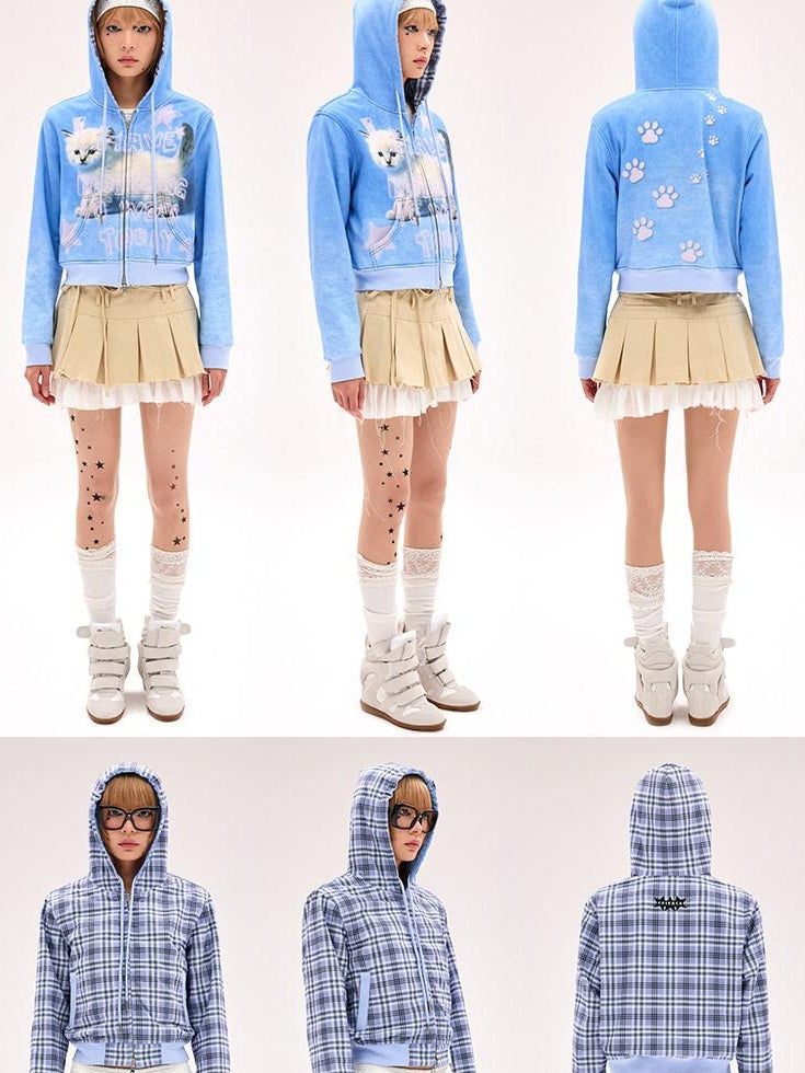 CFIERCE Loose Fit Hooded Zip Up 100 Percent Cotton Street Blue Long Sleeve Cardigan