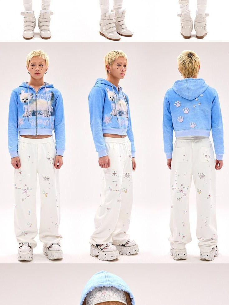 CFIERCE Loose Fit Hooded Zip Up 100 Percent Cotton Street Blue Long Sleeve Cardigan