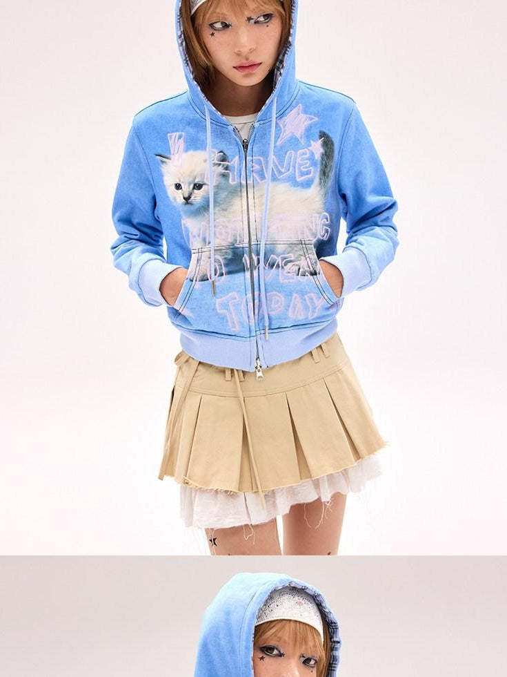 CFIERCE Loose Fit Hooded Zip Up 100 Percent Cotton Street Blue Long Sleeve Cardigan