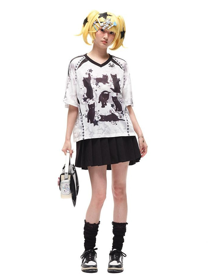 CFIERCE Moisture Wicking Street Loose V-neck Printed Unisex Cartoon Graphic Tshirt