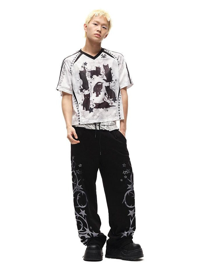 CFIERCE Moisture Wicking Street Loose V-neck Printed Unisex Cartoon Graphic Tshirt