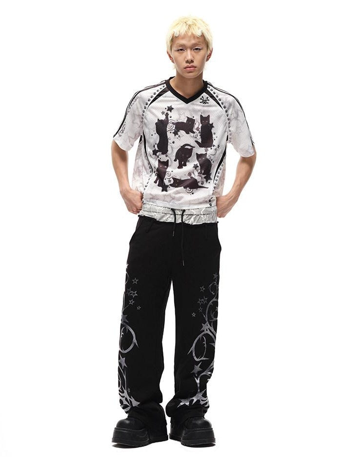 CFIERCE Moisture Wicking Street Loose V-neck Printed Unisex Cartoon Graphic Tshirt