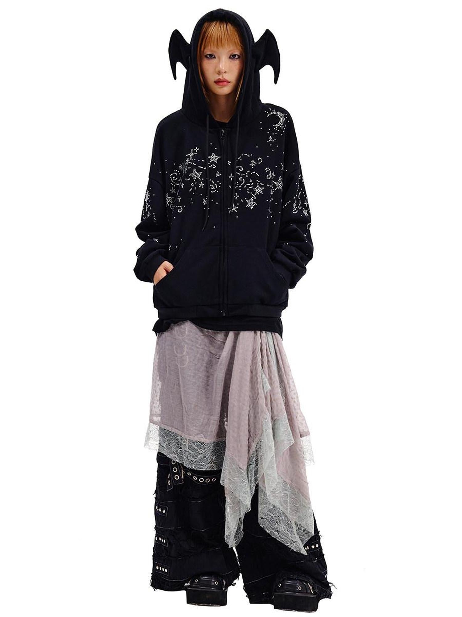 CFIERCE Oversized Hooded Cotton Blend Long Sleeve Unisex Youth Black Casual