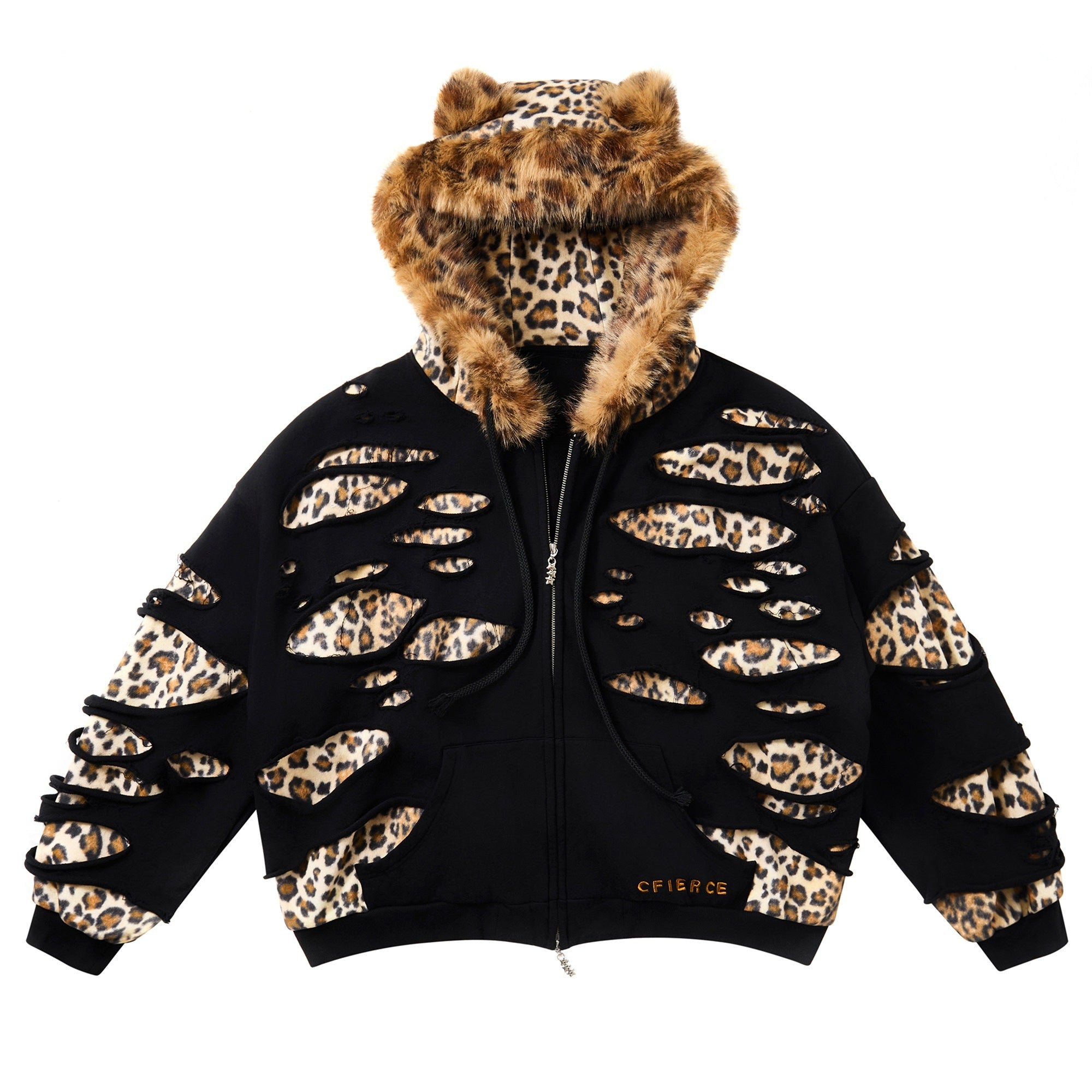 CFIERCE_Oversized_Leopard_Print_Hooded_Zipper_Cotton_Blend_Commuter_Women_Black_Cardigan_MISSTT