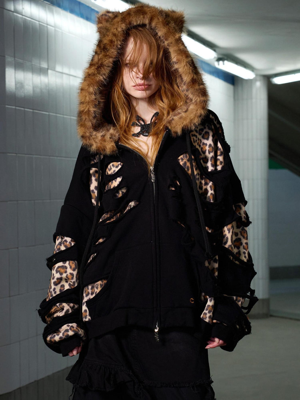 CFIERCE Oversized Leopard Print Hooded Zipper Cotton Blend Commuter Women Black Cardigan
