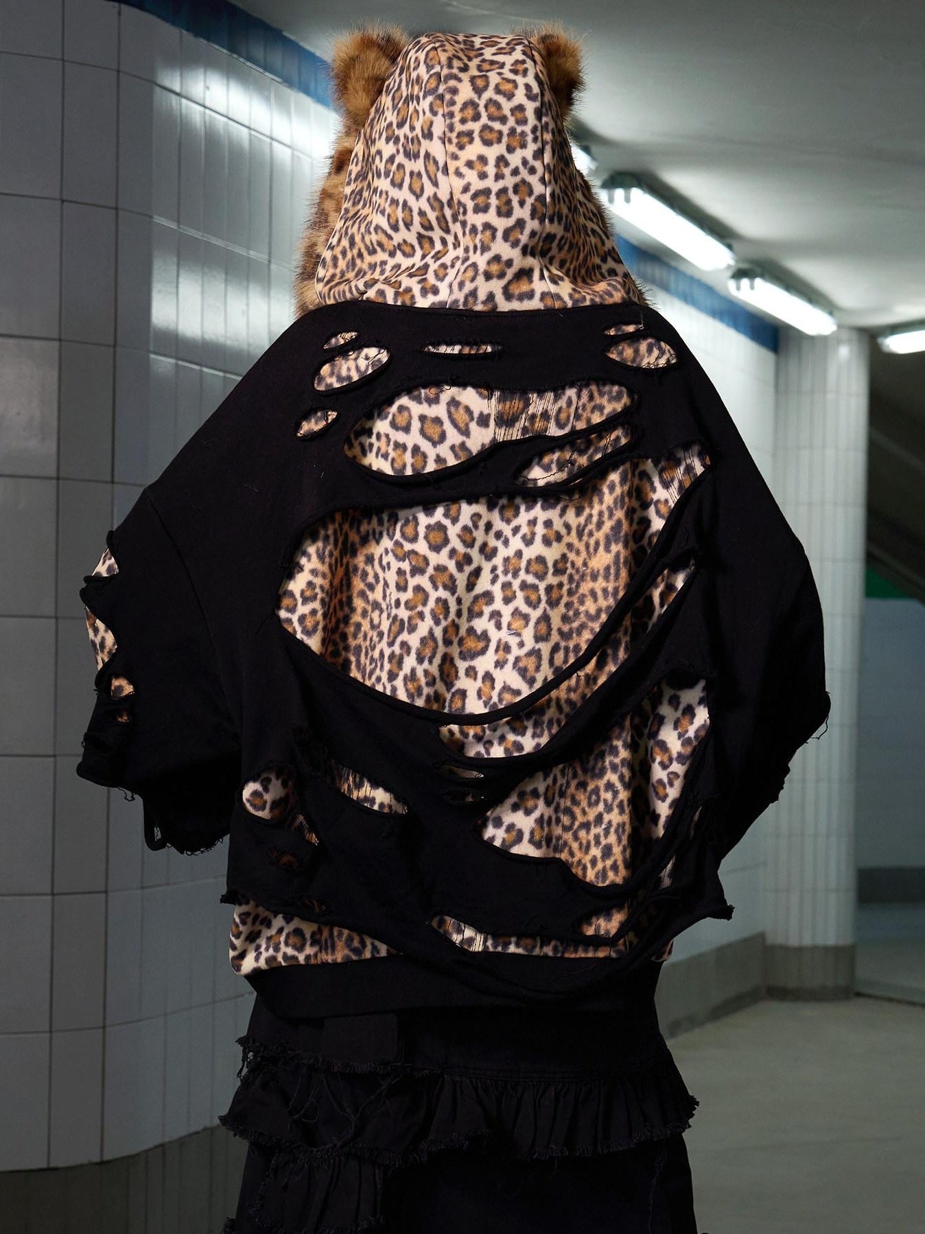 CFIERCE Oversized Leopard Print Hooded Zipper Cotton Blend Commuter Women Black Cardigan