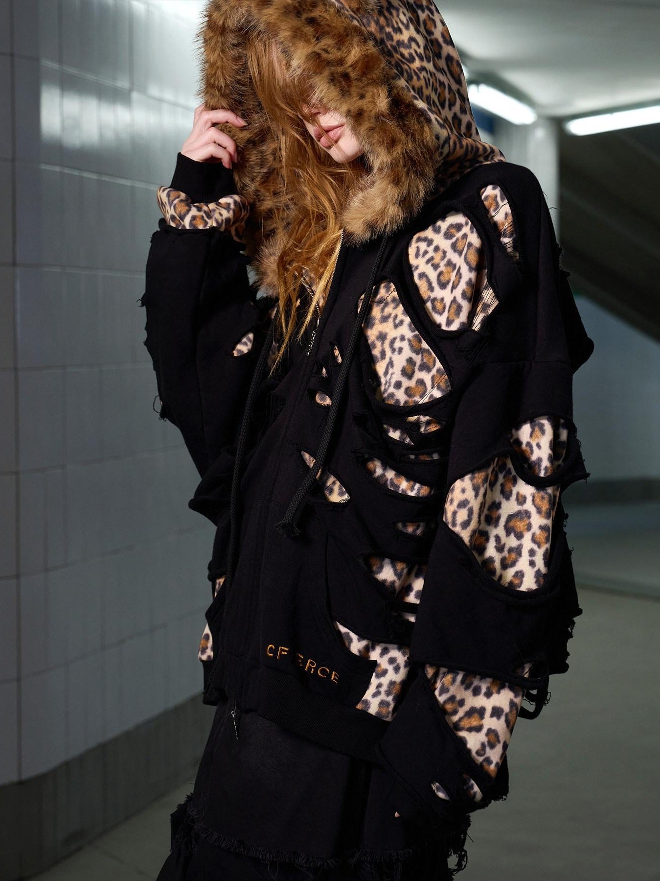 CFIERCE Oversized Leopard Print Hooded Zipper Cotton Blend Commuter Women Black Cardigan
