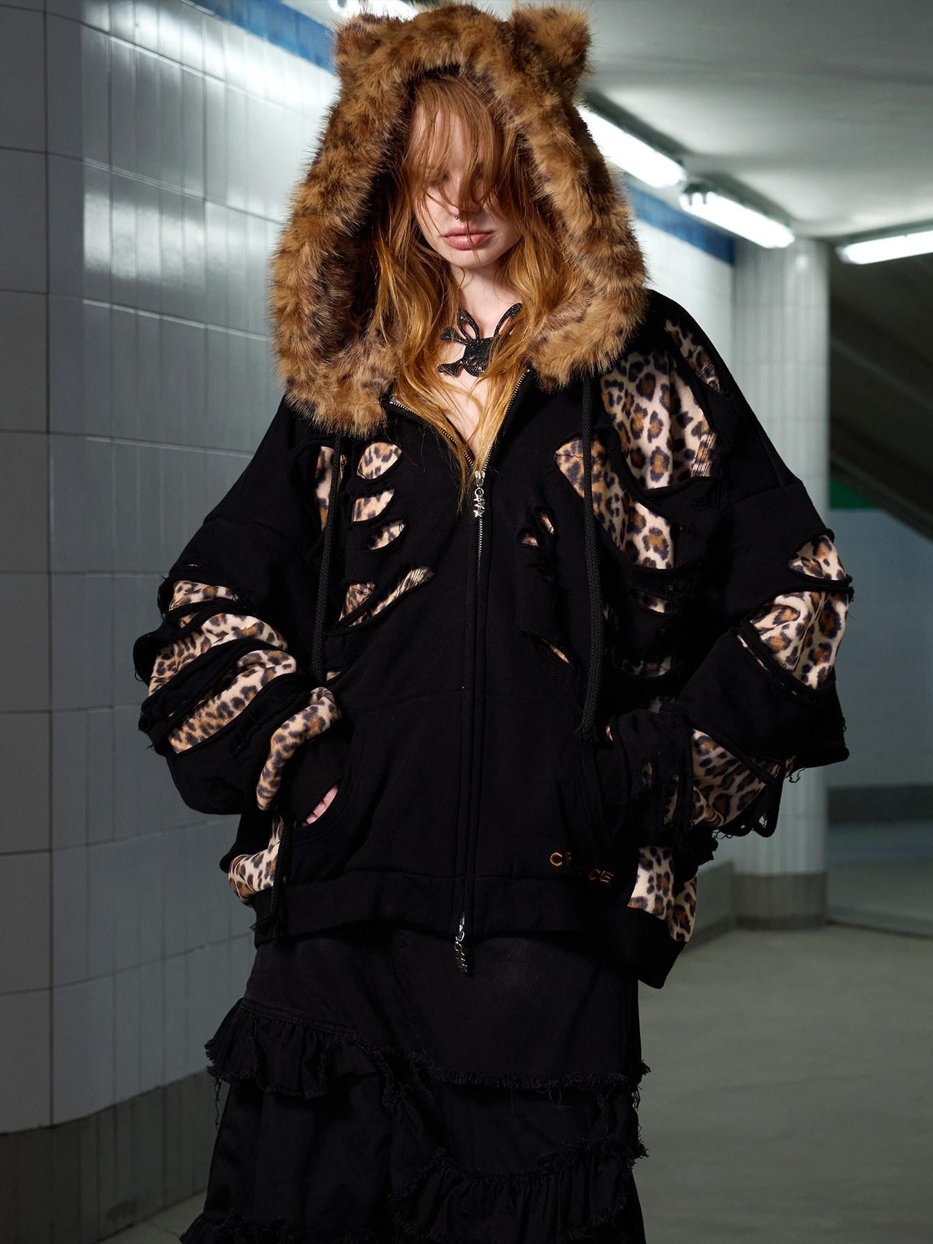 CFIERCE Oversized Leopard Print Hooded Zipper Cotton Blend Commuter Women Black Cardigan