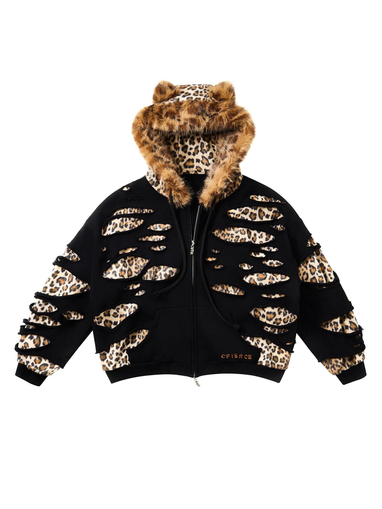 CFIERCE Oversized Leopard Print Hooded Zipper Cotton Blend Commuter Women Black Cardigan