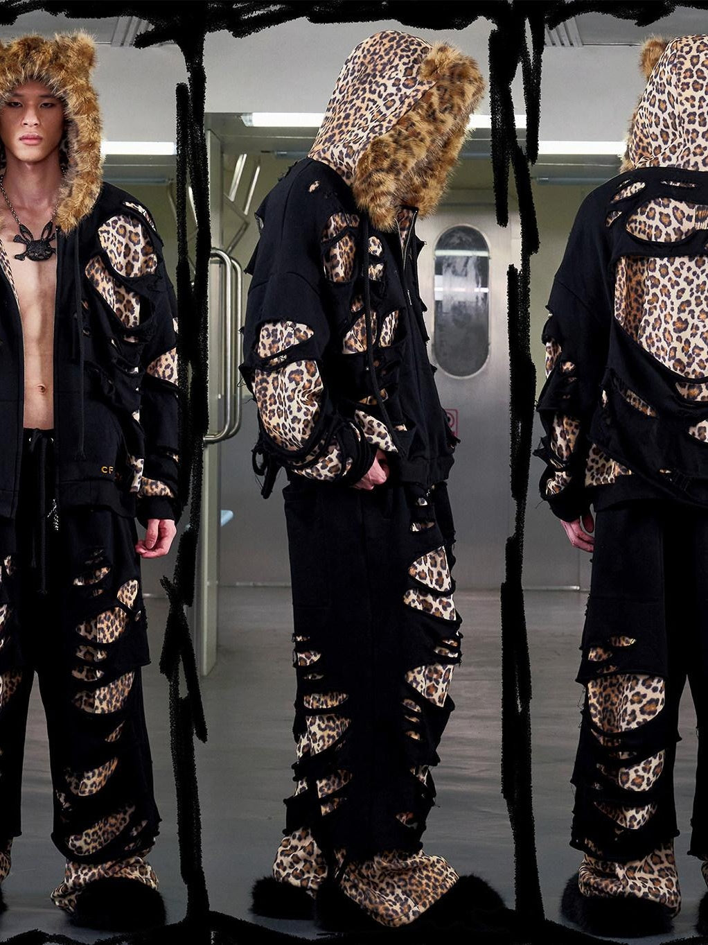 CFIERCE Oversized Leopard Print Hooded Zipper Cotton Blend Commuter Women Black Cardigan
