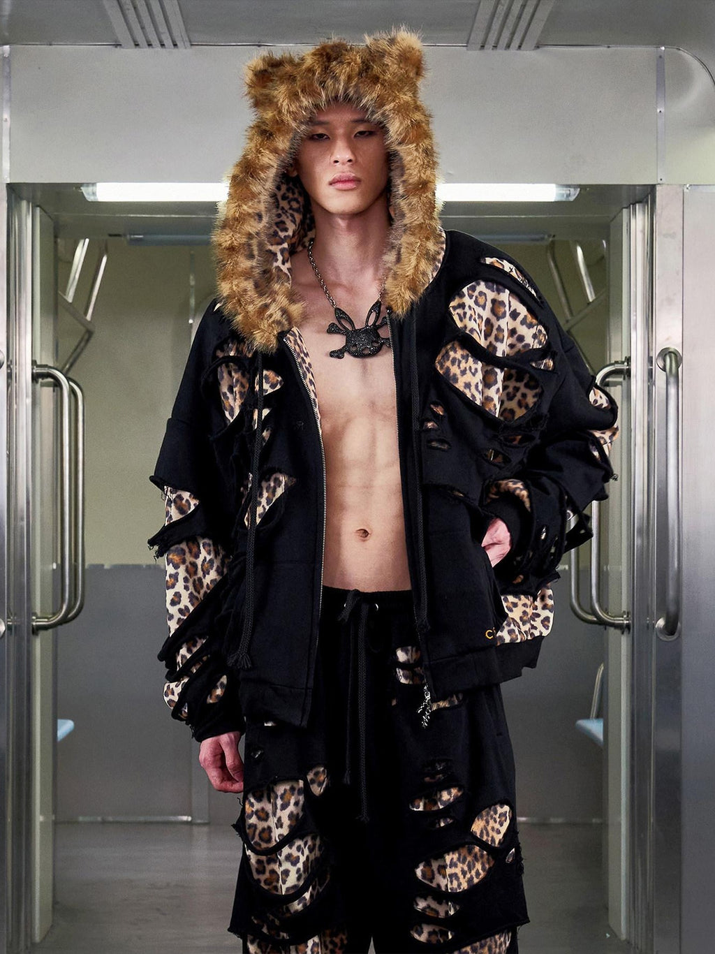 CFIERCE Oversized Leopard Print Hooded Zipper Cotton Blend Commuter Women Black Cardigan