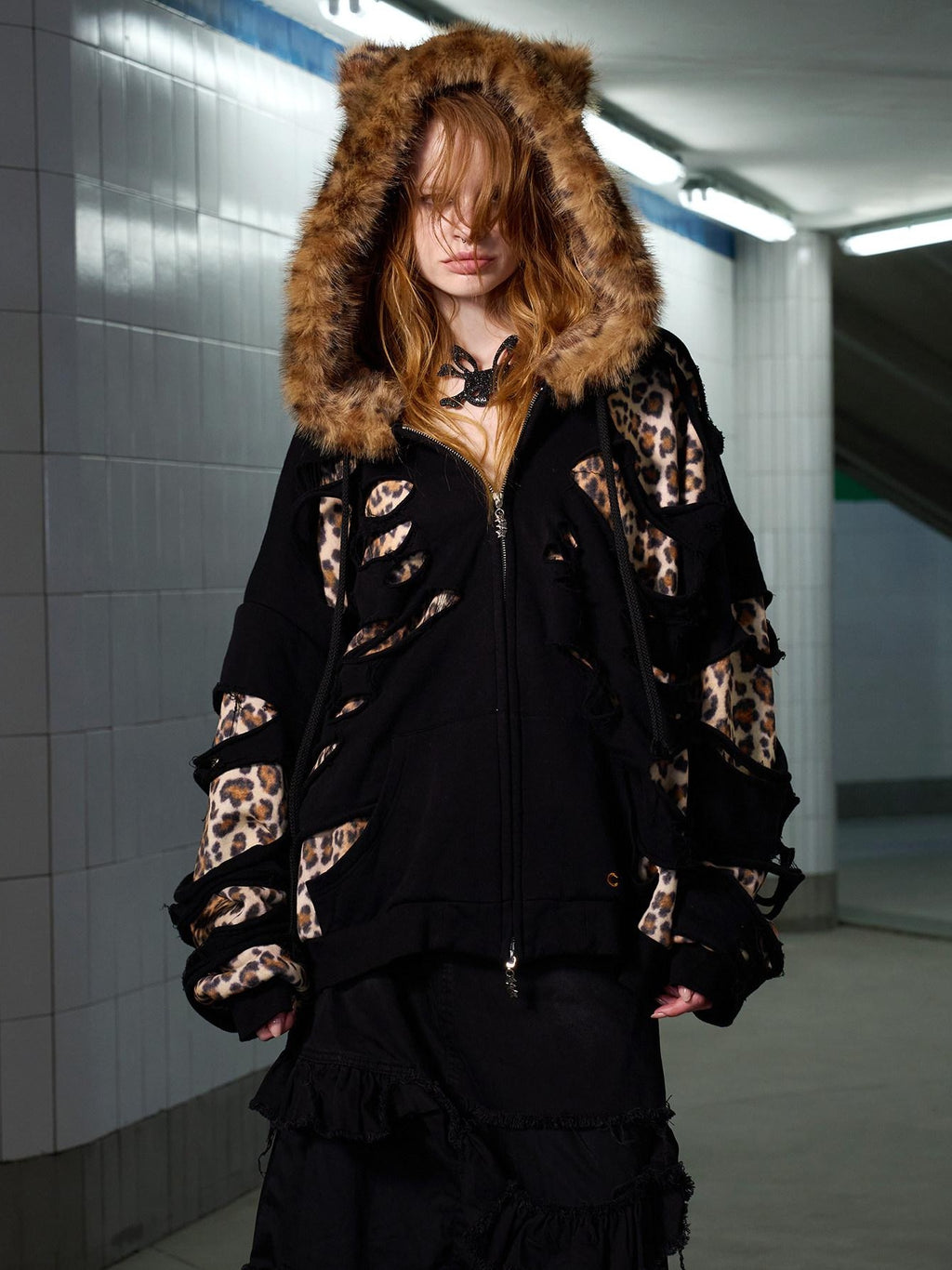 CFIERCE Oversized Leopard Print Hooded Zipper Cotton Blend Commuter Women Black Cardigan