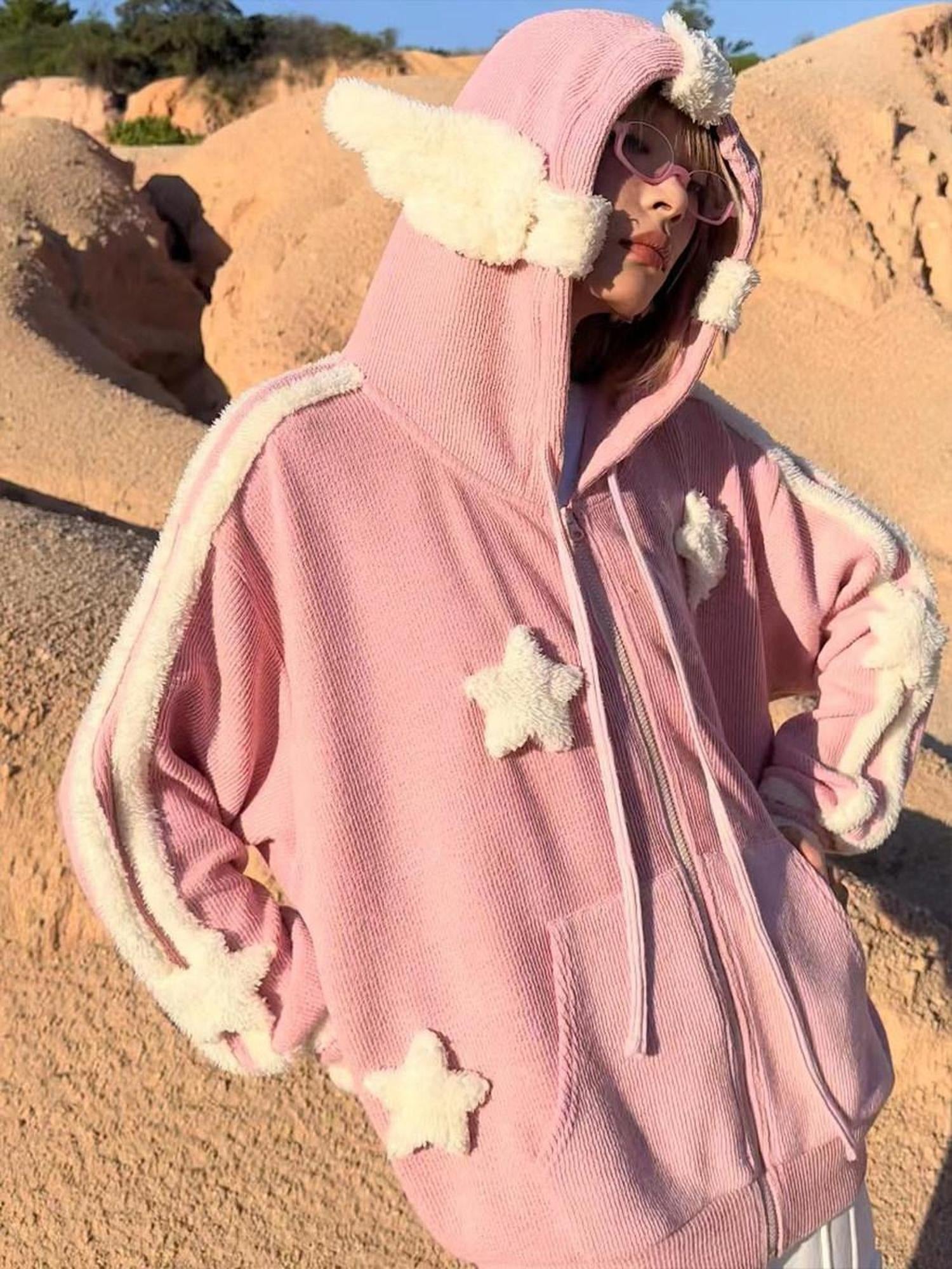 CFIERCE Pink Colorblock V-neck Longline Loose Fit Sweet Long Sleeve Dress
