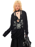 CFIERCE Pleated Cotton Linen Punk Loose Black Drop Shoulder Unisex Long Sleeve Pullover