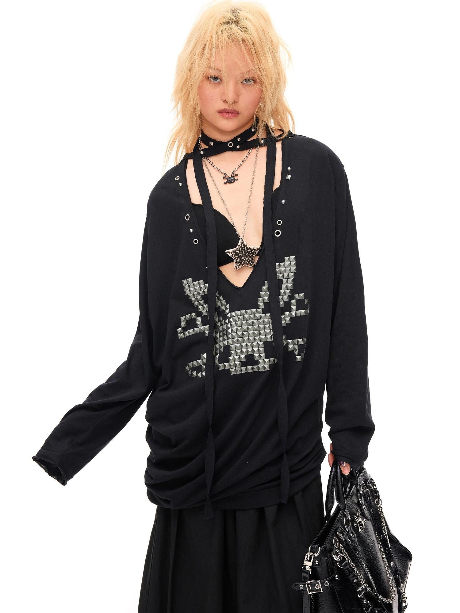 CFIERCE Pleated Cotton Linen Punk Loose Black Drop Shoulder Unisex Long Sleeve Pullover