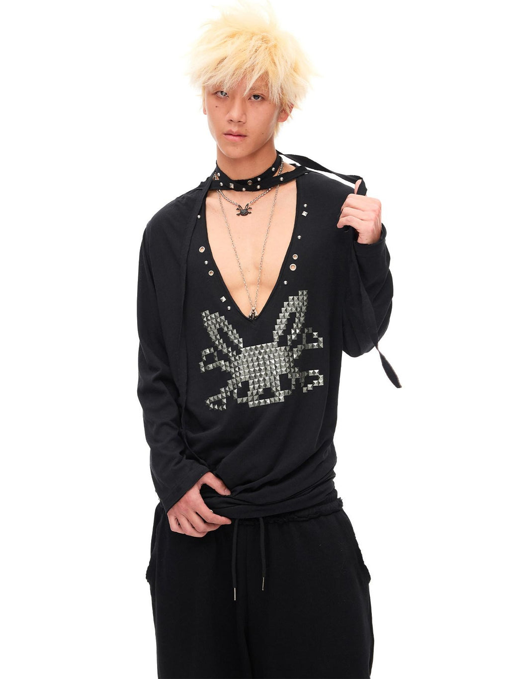 CFIERCE Pleated Cotton Linen Punk Loose Black Drop Shoulder Unisex Long Sleeve Pullover