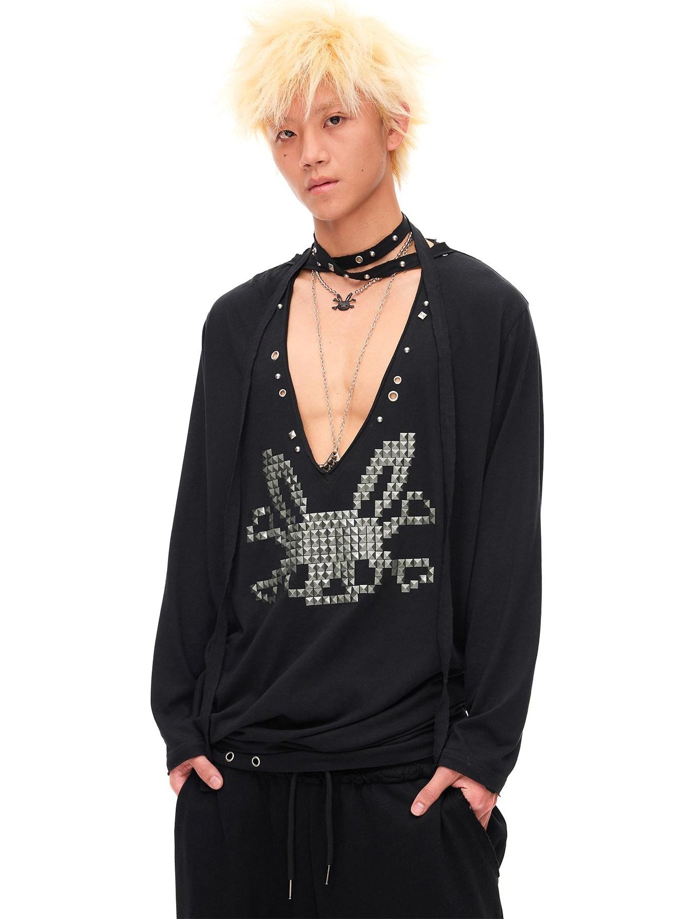 CFIERCE Pleated Cotton Linen Punk Loose Black Drop Shoulder Unisex Long Sleeve Pullover