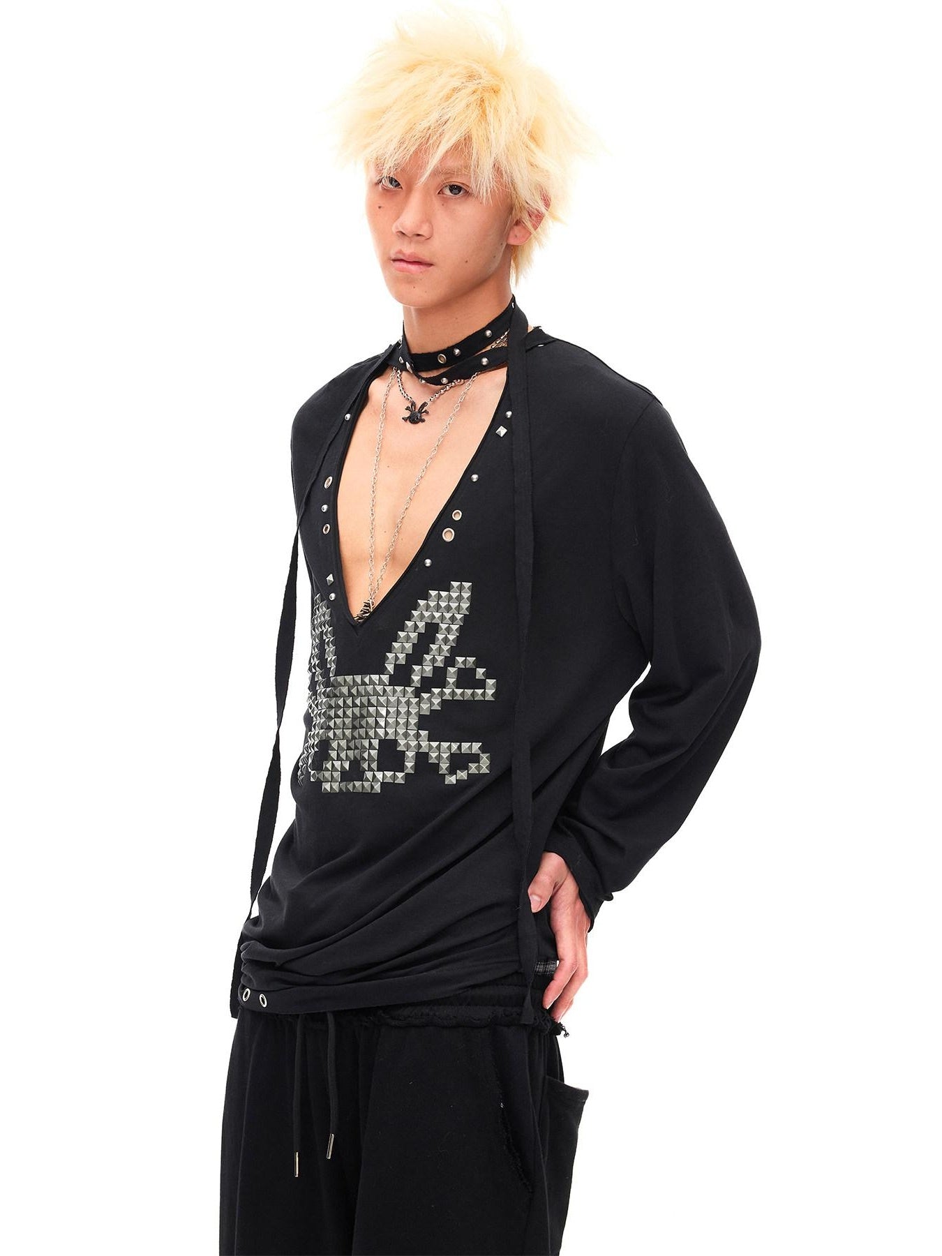 CFIERCE Pleated Cotton Linen Punk Loose Black Drop Shoulder Unisex Long Sleeve Pullover