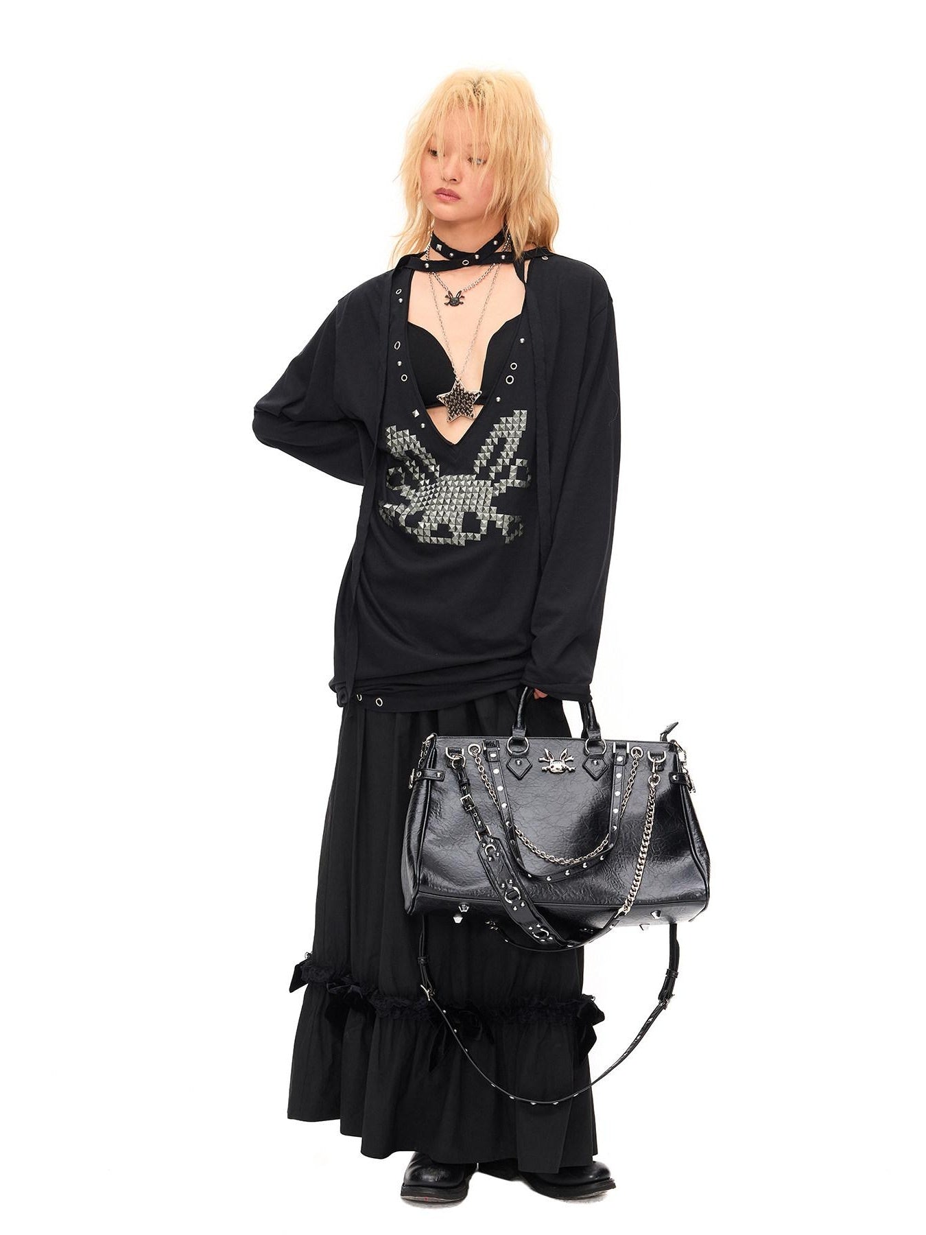 CFIERCE Pleated Cotton Linen Punk Loose Black Drop Shoulder Unisex Long Sleeve Pullover