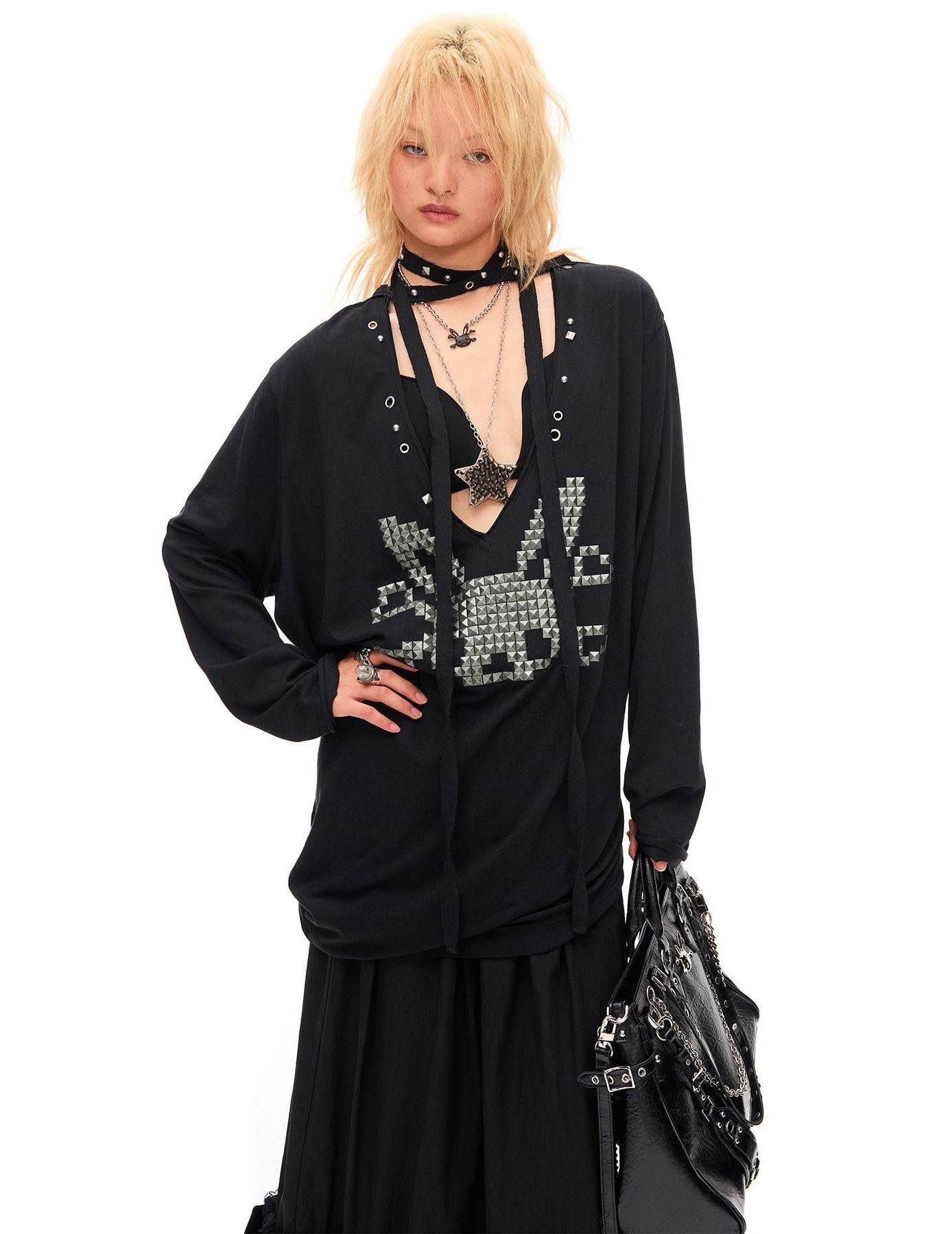 CFIERCE Pleated Cotton Linen Punk Loose Black Drop Shoulder Unisex Long Sleeve Pullover