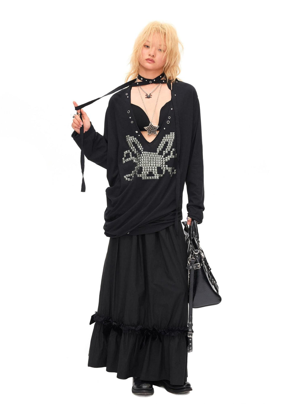 CFIERCE Pleated Cotton Linen Punk Loose Black Drop Shoulder Unisex Long Sleeve Pullover