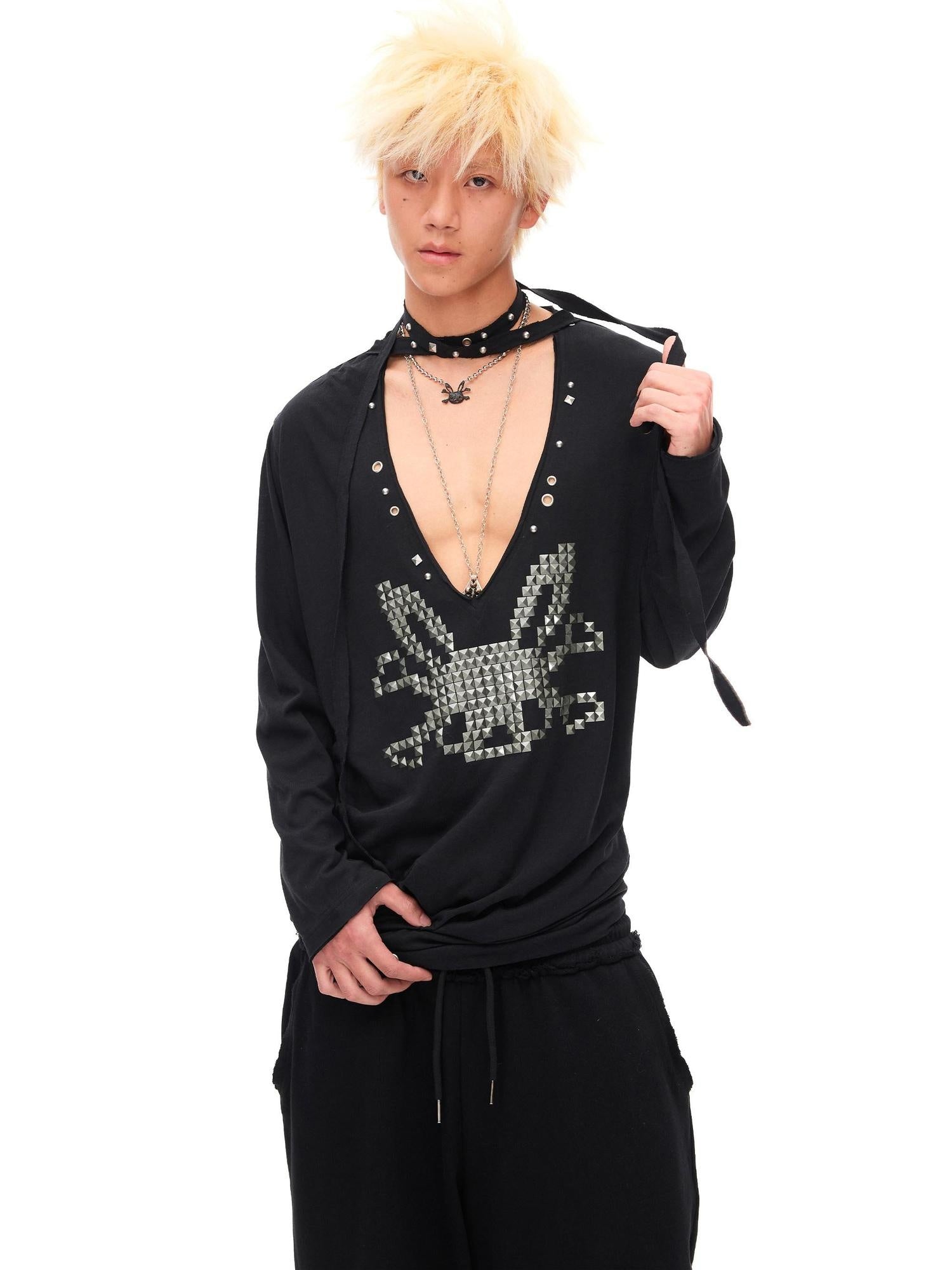 CFIERCE Pleated Cotton Linen Punk Loose Black Drop Shoulder Unisex Long Sleeve Pullover