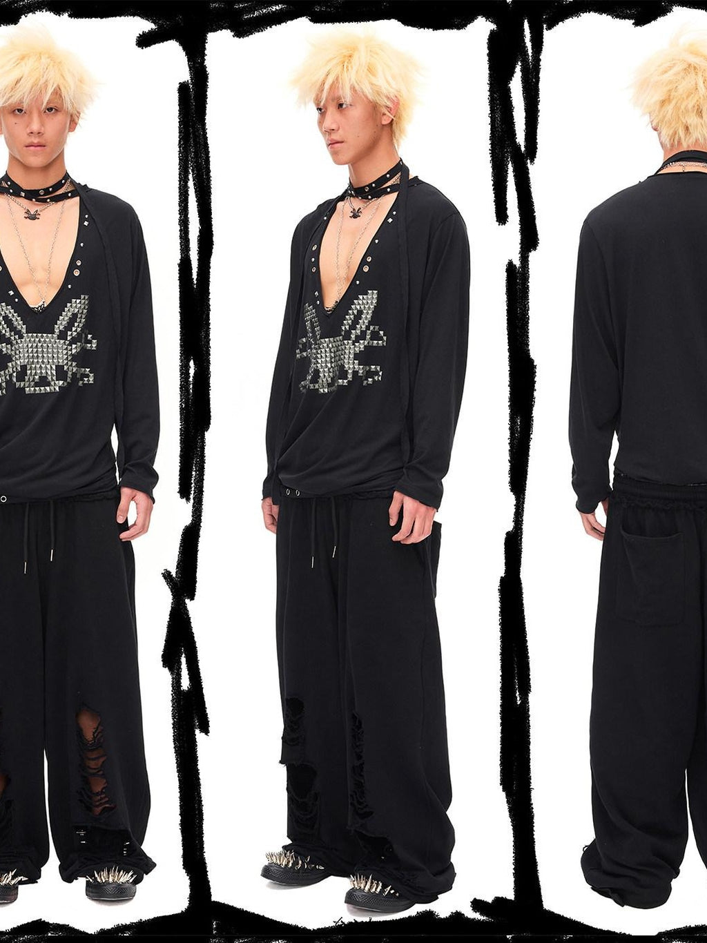 CFIERCE Pleated Cotton Linen Punk Loose Black Drop Shoulder Unisex Long Sleeve Pullover