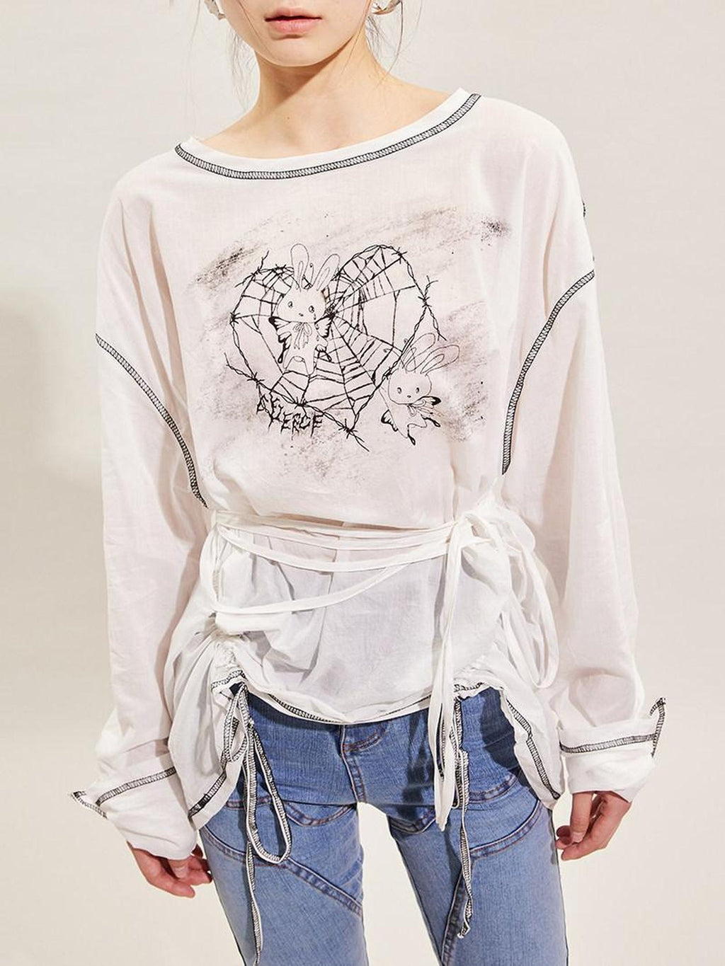 CFIERCE Pure Cotton Cartoon Print Pleated Loose Fit Streetwear Pullover Unisex White