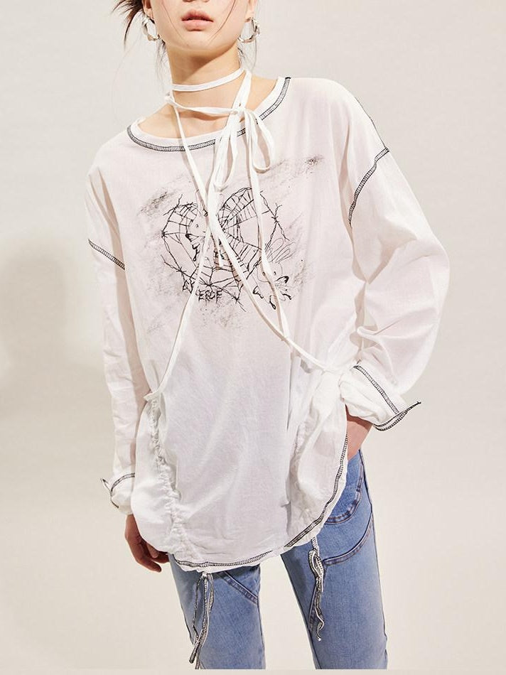 CFIERCE Pure Cotton Cartoon Print Pleated Loose Fit Streetwear Pullover Unisex White