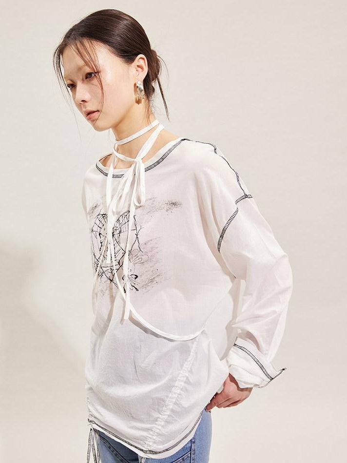 CFIERCE Pure Cotton Cartoon Print Pleated Loose Fit Streetwear Pullover Unisex White