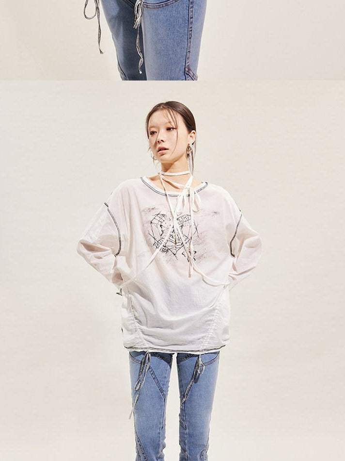 CFIERCE Pure Cotton Cartoon Print Pleated Loose Fit Streetwear Pullover Unisex White
