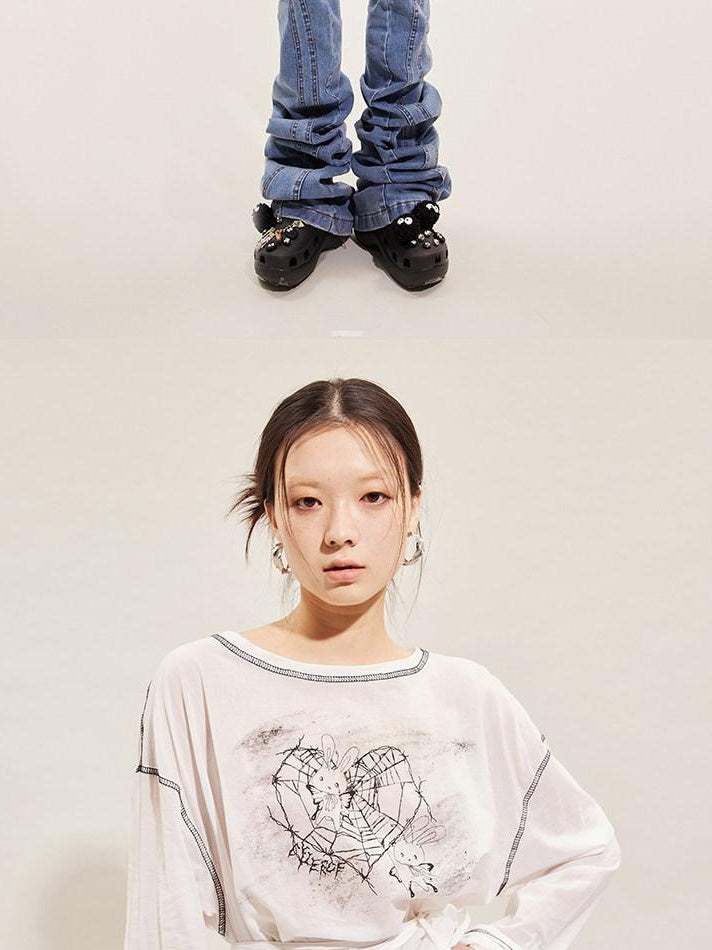 CFIERCE Pure Cotton Cartoon Print Pleated Loose Fit Streetwear Pullover Unisex White