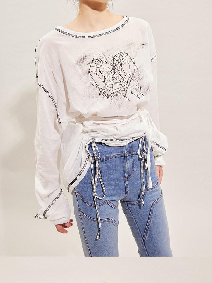 CFIERCE Pure Cotton Cartoon Print Pleated Loose Fit Streetwear Pullover Unisex White