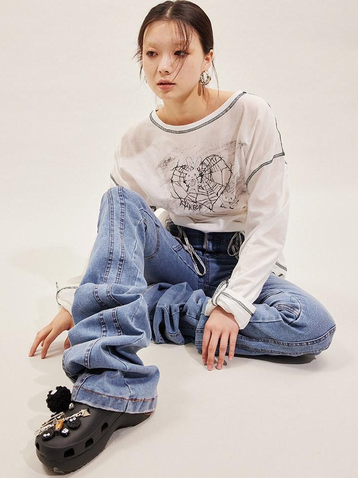 CFIERCE Pure Cotton Cartoon Print Pleated Loose Fit Streetwear Pullover Unisex White