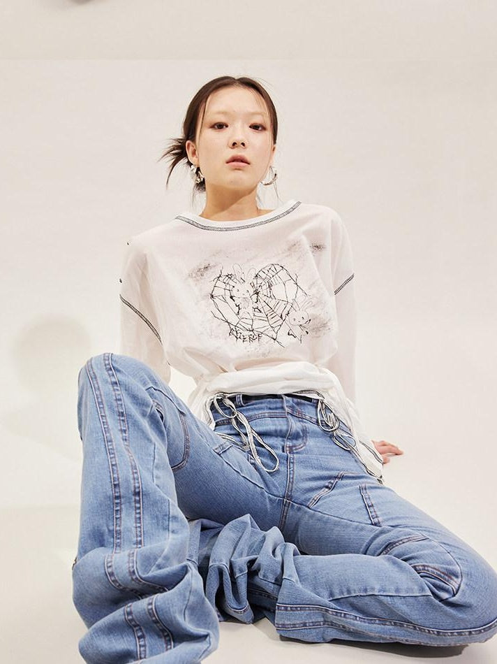 CFIERCE Pure Cotton Cartoon Print Pleated Loose Fit Streetwear Pullover Unisex White