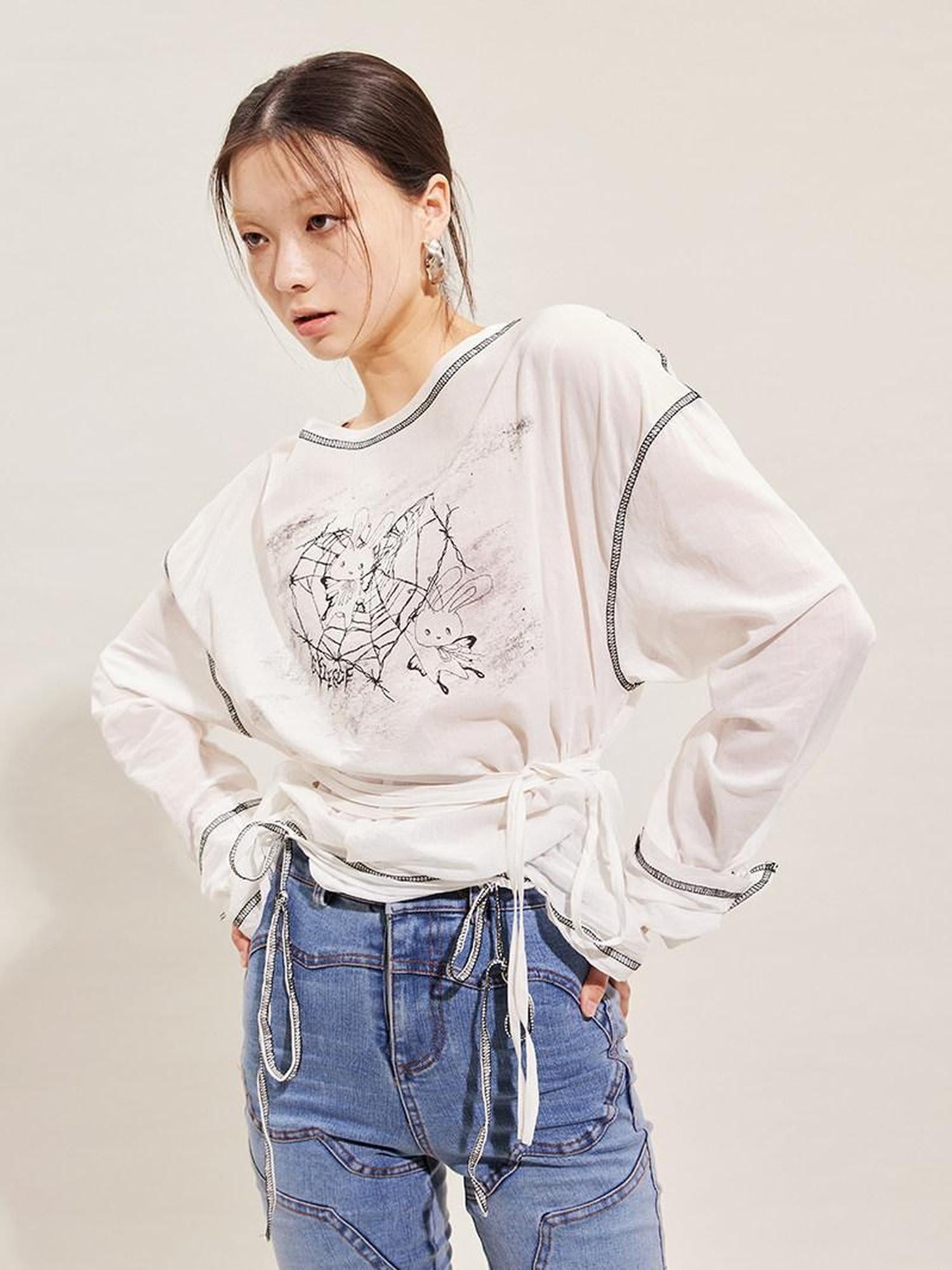 CFIERCE Pure Cotton Cartoon Print Pleated Loose Fit Streetwear Pullover Unisex White